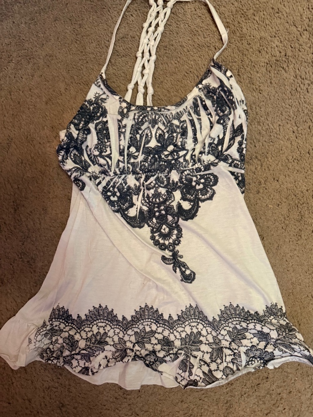 White & Navy Lace Halter Trapeze Cami Top Sz S